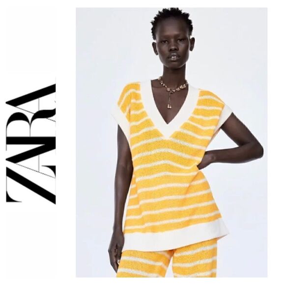 NWT Zara Yellow & White Striped Oversized V-Neck Knitted Sweater Vest, Medium - Picture 1 of 16